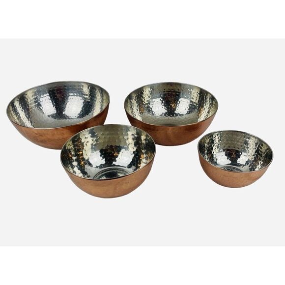 RARE Pier 1 Imports India Hammered Copper Nesting Bowl Set of 4 Stainless Steel - Picture 2 of 16